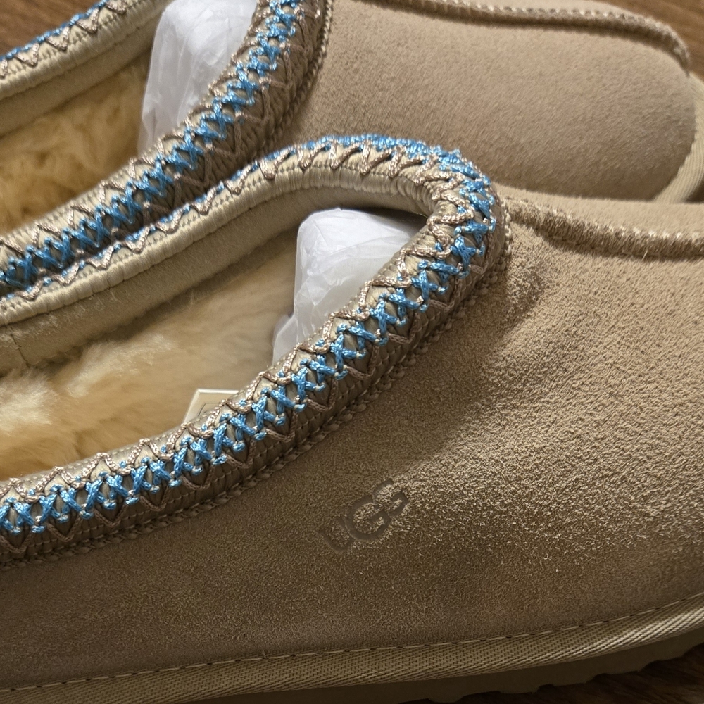 UGG Tan Slippers with Blue Trim